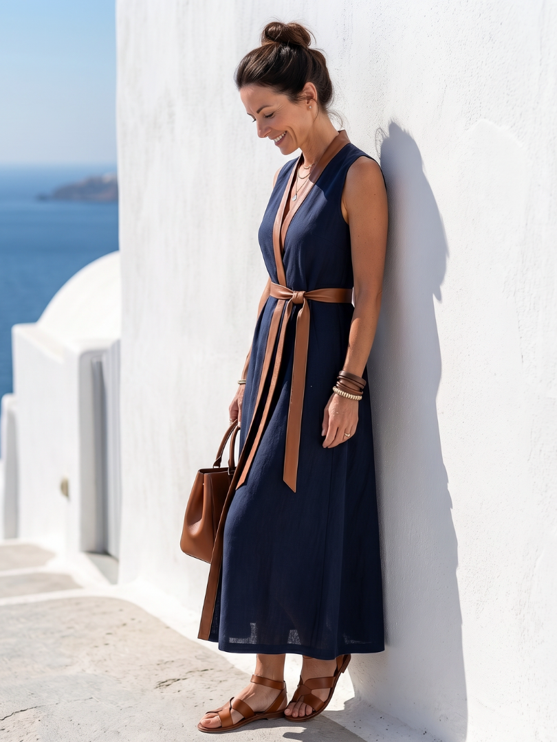 Catherine | Women's Sleeveless Maxi Dress | Tie Waist Cruise Holiday Dress-Women Dress-Eltrendio
