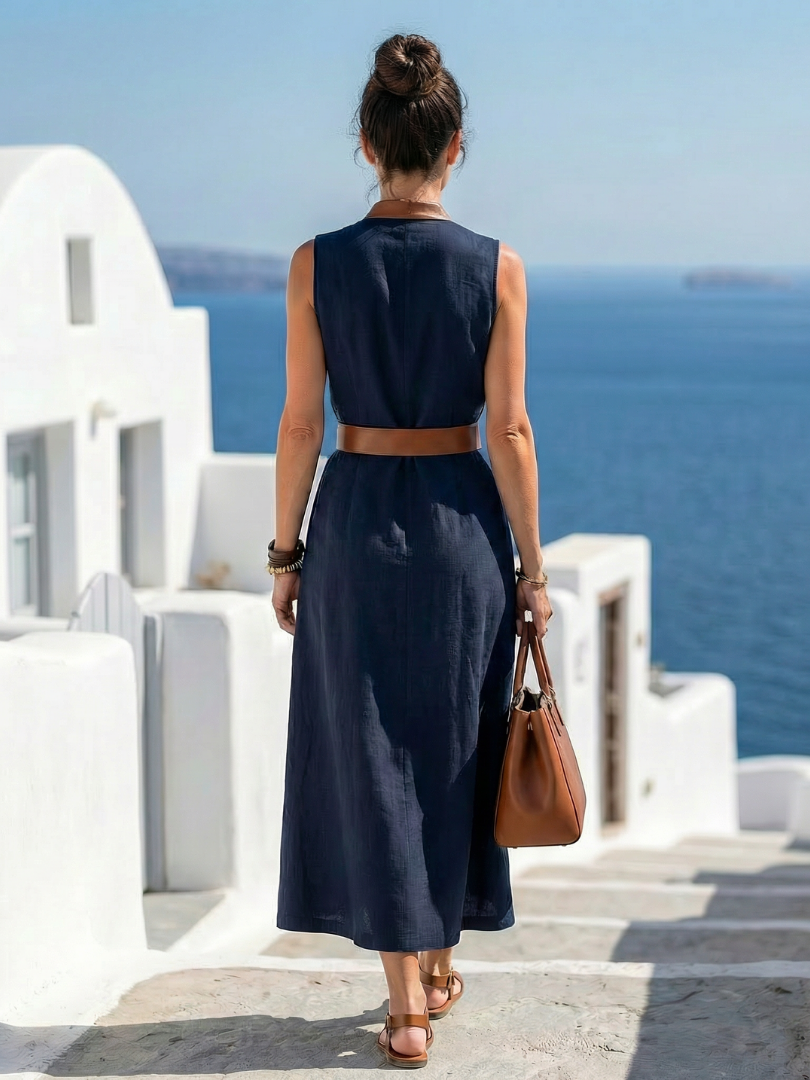Catherine | Women's Sleeveless Maxi Dress | Tie Waist Cruise Holiday Dress-Women Dress-Eltrendio