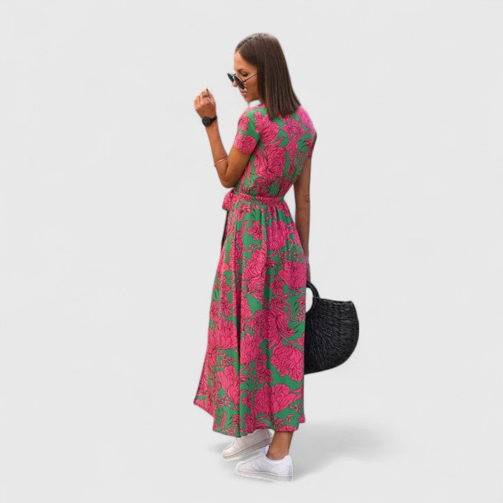 Cecilia | Women's Printed Wrap Midi Dress | Tie Waist City Break Dress-Women Dress-Eltrendio
