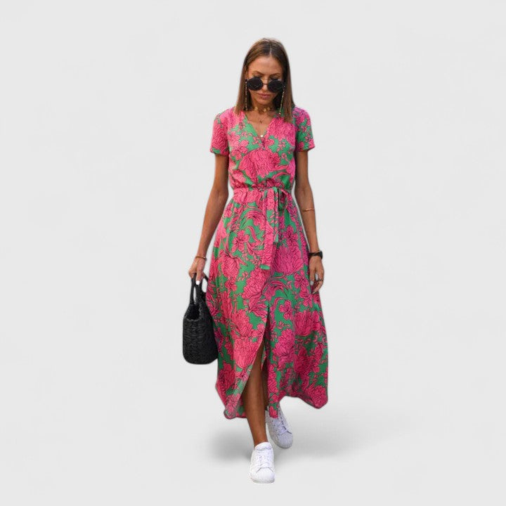 Cecilia | Women's Printed Wrap Midi Dress | Tie Waist City Break Dress-Women Dress-Eltrendio
