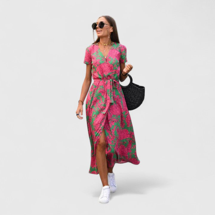 Cecilia | Women's Printed Wrap Midi Dress | Tie Waist City Break Dress-Women Dress-Eltrendio