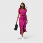 Cecilia | Women's Printed Wrap Midi Dress | Tie Waist City Break Dress-Women Dress-Eltrendio