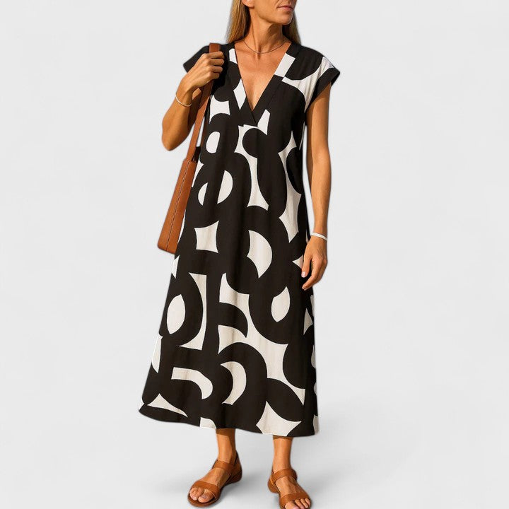 Dorothy | Women's Geometric Print Maxi Dress | V Neck Holiday Sightseeing Dress-Women Dress-Eltrendio