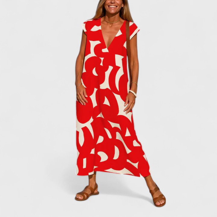 Dorothy | Women's Geometric Print Maxi Dress | V Neck Holiday Sightseeing Dress-Women Dress-Eltrendio