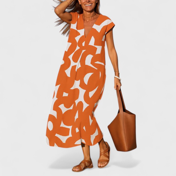 Dorothy | Women's Geometric Print Maxi Dress | V Neck Holiday Sightseeing Dress-Women Dress-Eltrendio