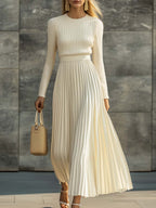 Elara | Women’s Pleated Maxi Dress | Long Sleeve Crew Neck-Women Dress-Eltrendio
