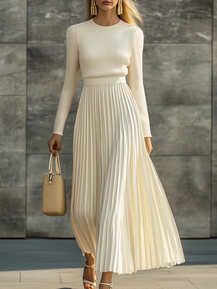 Elara | Women’s Pleated Maxi Dress | Long Sleeve Crew Neck-Women Dress-Eltrendio