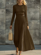 Elara | Women’s Pleated Maxi Dress | Long Sleeve Crew Neck-Women Dress-Eltrendio