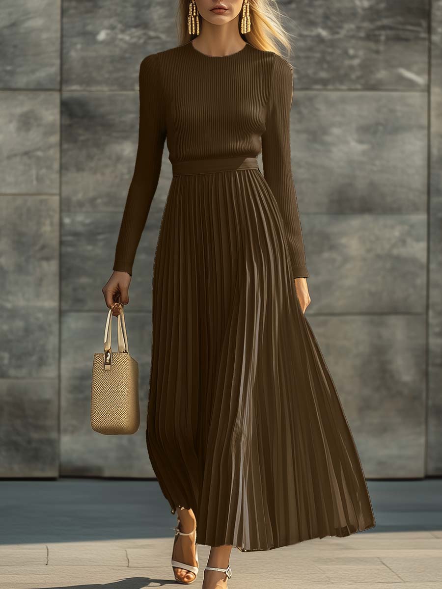 Elara | Women’s Pleated Maxi Dress | Long Sleeve Crew Neck-Women Dress-Eltrendio