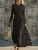 Elara | Women’s Pleated Maxi Dress | Long Sleeve Crew Neck-Women Dress-Eltrendio