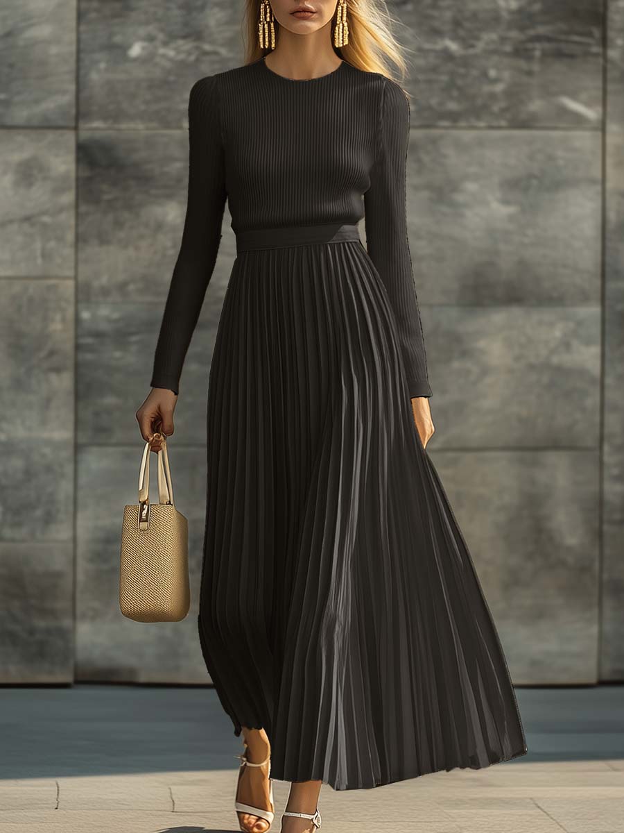 Elara | Women’s Pleated Maxi Dress | Long Sleeve Crew Neck-Women Dress-Eltrendio