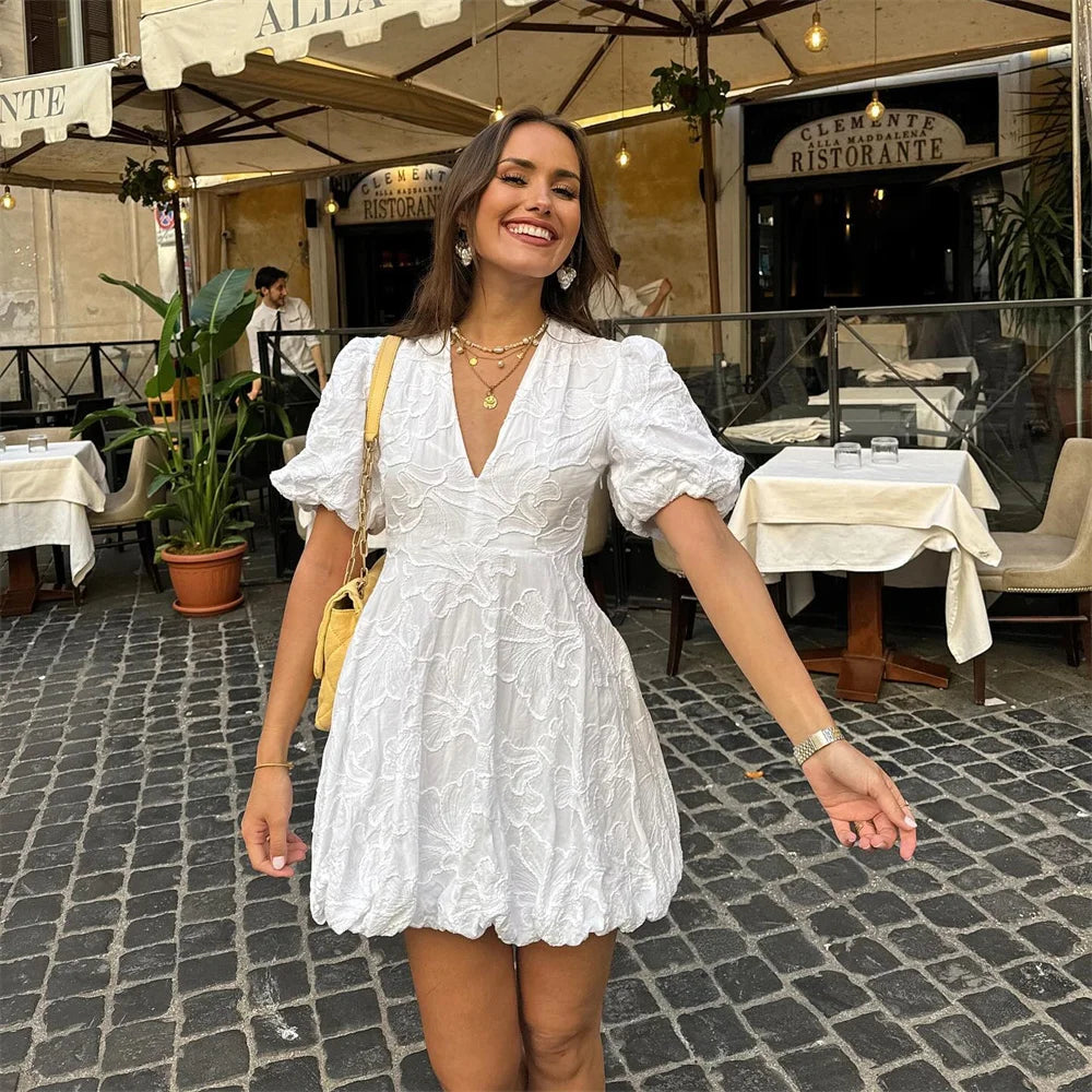 Eleanor | Women's Embroidered Mini Dress | V Neck Puff Sleeve Garden Party Dress-Women Dress-Eltrendio