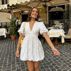 Eleanor | Women's Embroidered Mini Dress | V Neck Puff Sleeve Garden Party Dress-Women Dress-Eltrendio