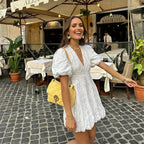 Eleanor | Women's Embroidered Mini Dress | V Neck Puff Sleeve Garden Party Dress-Women Dress-Eltrendio