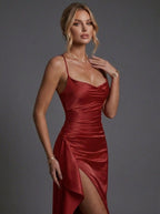 Amelia | Women's Ruched Maxi Dress | Satin Slit · Eltrendio