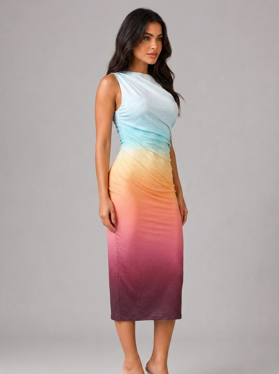 Amelia | Women's Sleeveless Midi Dress | Ruched Waist · Eltrendio