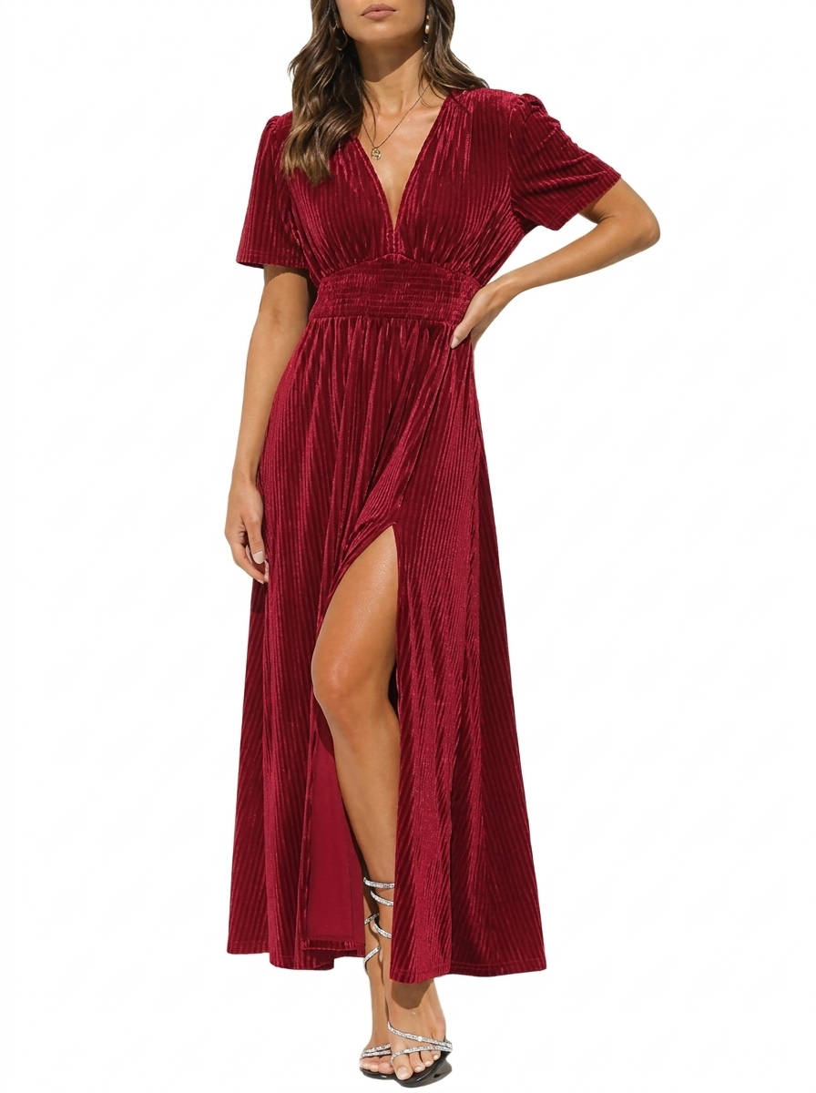Amelia | Women's V-Neck Maxi Dress | Split Hem · Eltrendio