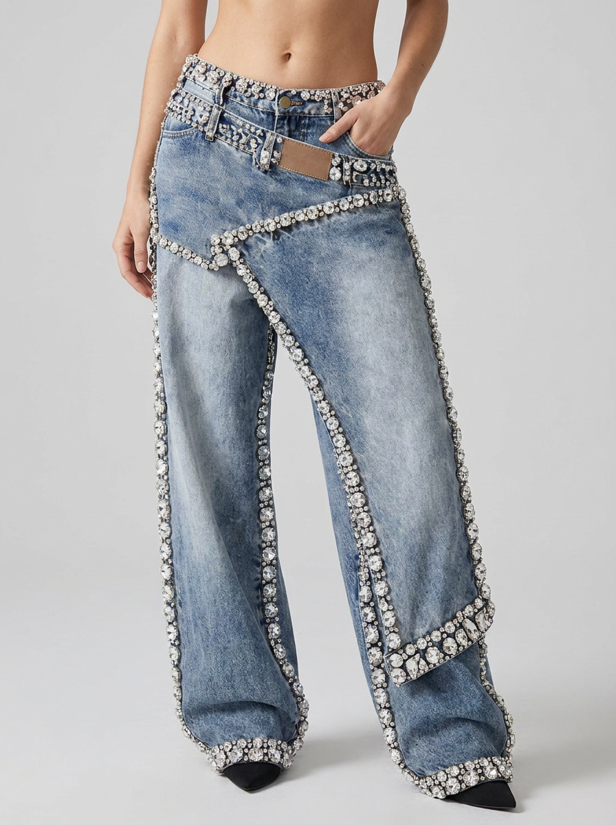 Amelia | Women's Wide-Leg Jeans | Rhinestone Trim · Eltrendio