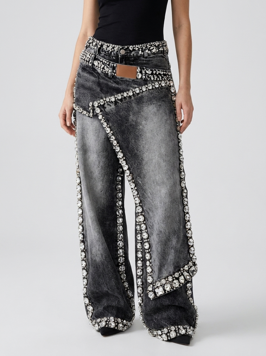 Amelia | Women's Wide-Leg Jeans | Rhinestone Trim · Eltrendio