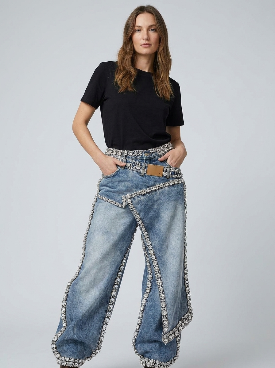 Amelia | Women's Wide-Leg Jeans | Rhinestone Trim · Eltrendio