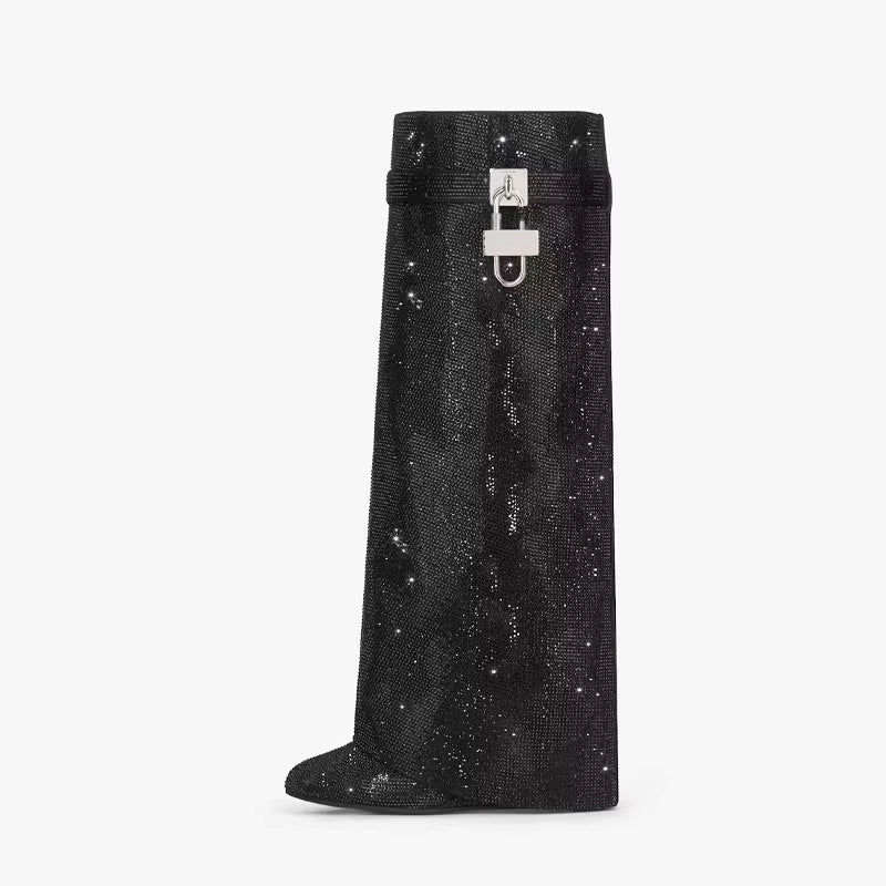 Charlotte | Women's Knee-High Boots | Rhinestone Padlock · Eltrendio
