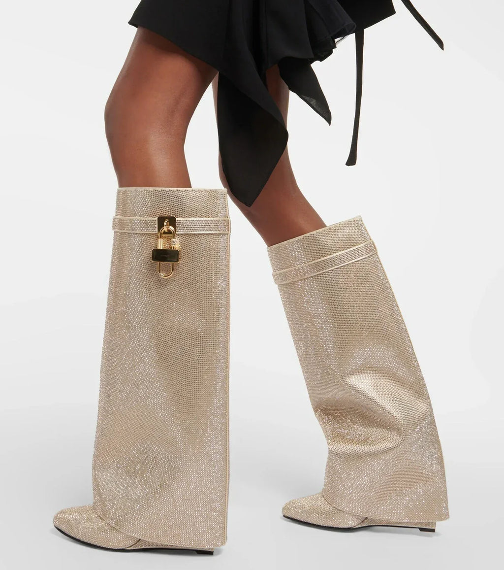 Charlotte | Women's Knee-High Boots | Rhinestone Padlock · Eltrendio
