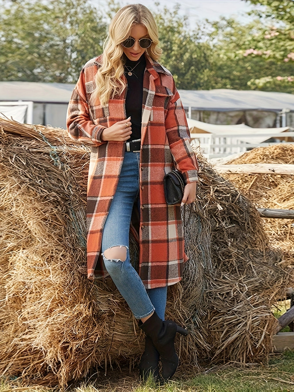 Charlotte | Women's Longline Plaid Shacket | Chest Pockets · Eltrendio