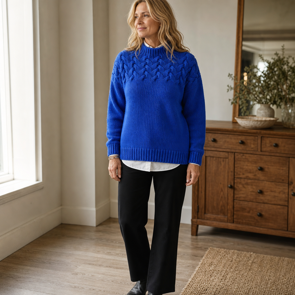 Eleanor | Women's High-Neck Cable Knit Jumper | Ribbed Cuffs · Eltrendio