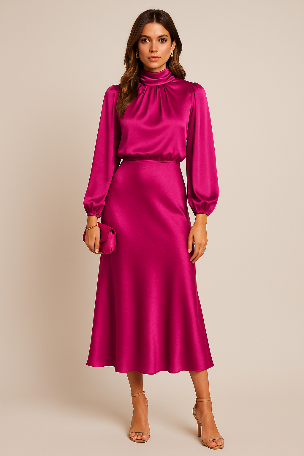 Eleanor | Women's High Neck Midi Dress | Puff Sleeves · Eltrendio