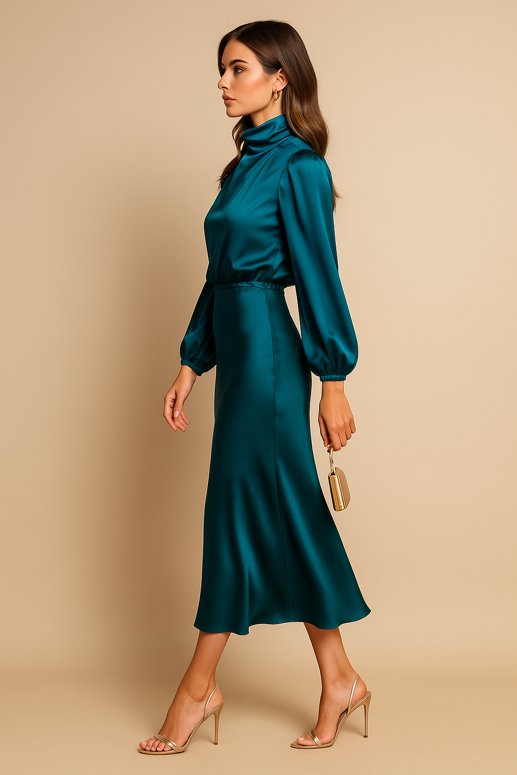 Eleanor | Women's High Neck Midi Dress | Puff Sleeves · Eltrendio