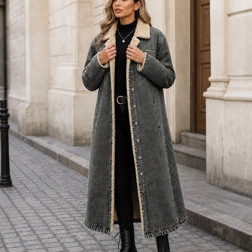 Eleanor | Women's Longline Denim Coat | Sherpa-Lined · Eltrendio