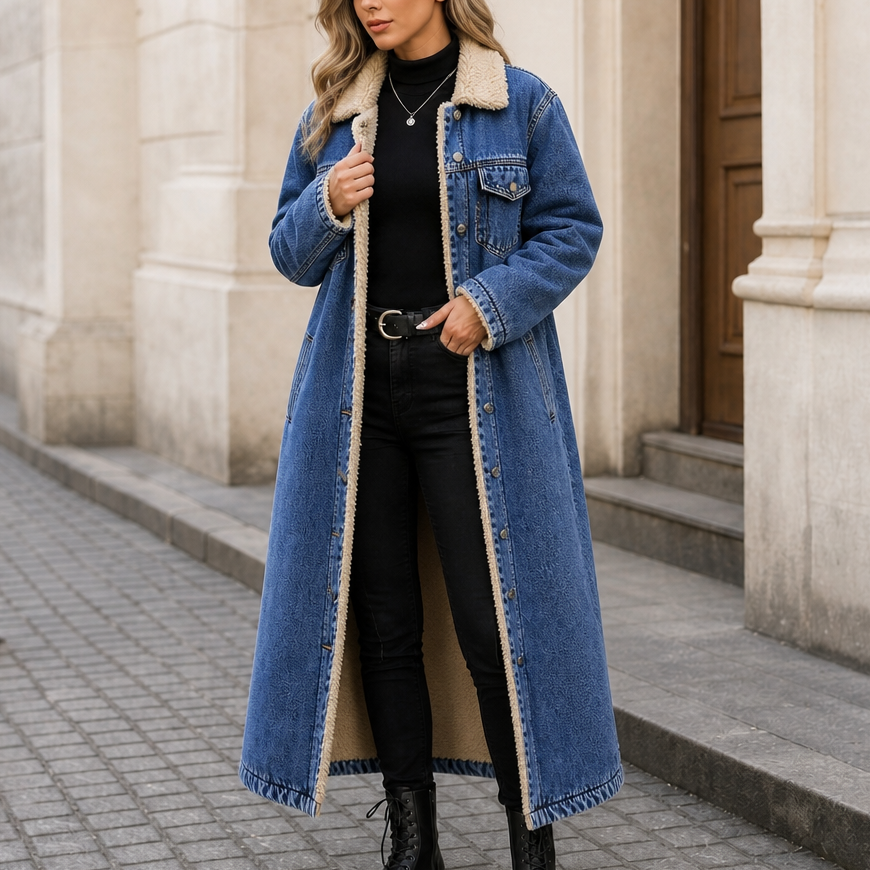 Eleanor | Women's Longline Denim Coat | Sherpa-Lined · Eltrendio