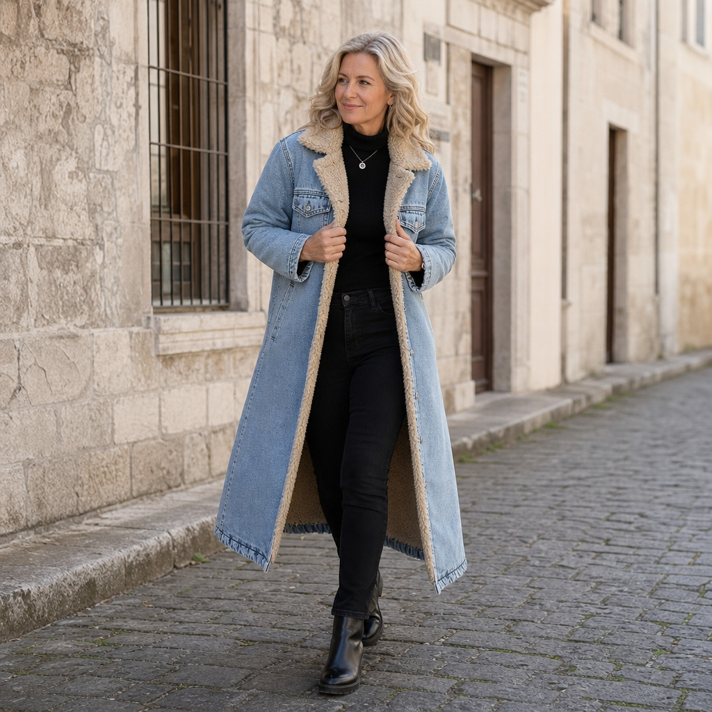 Eleanor | Women's Longline Denim Coat | Sherpa-Lined · Eltrendio