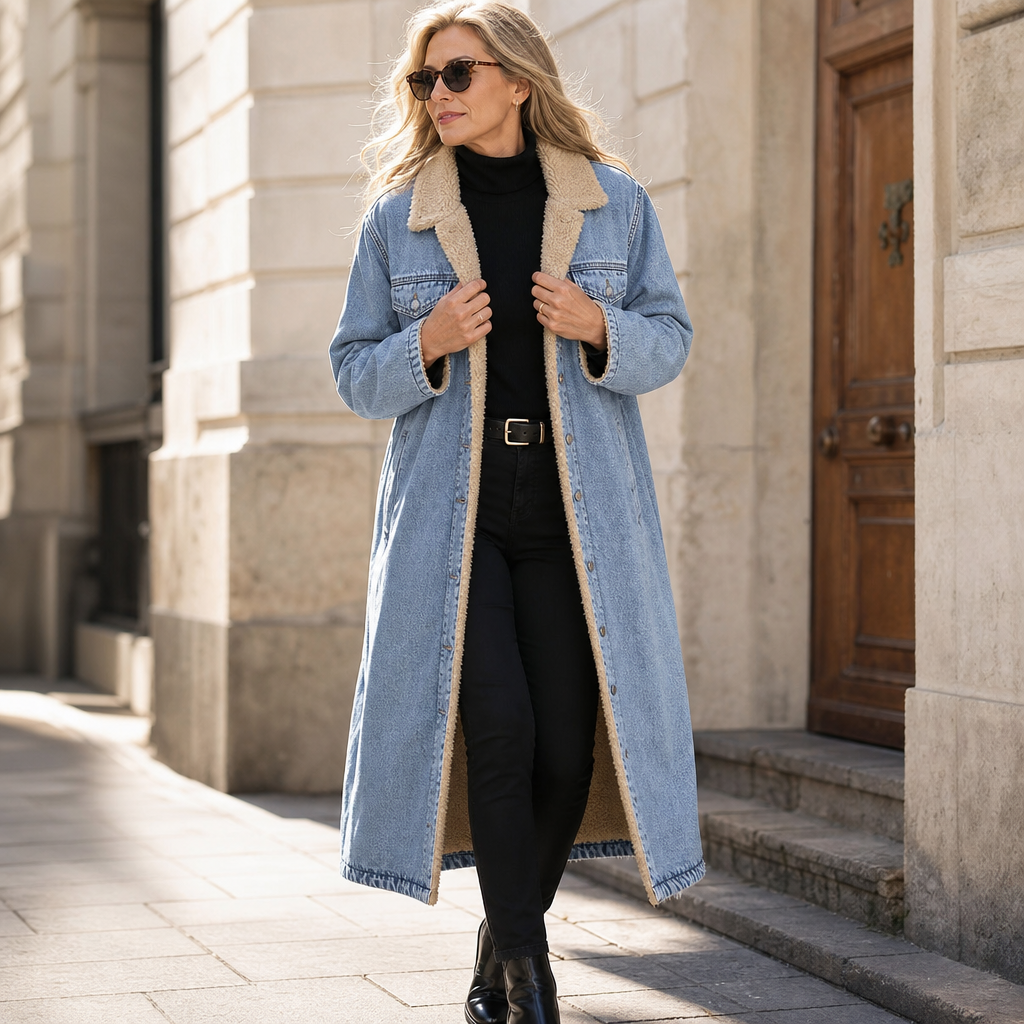Eleanor | Women's Longline Denim Coat | Sherpa-Lined · Eltrendio