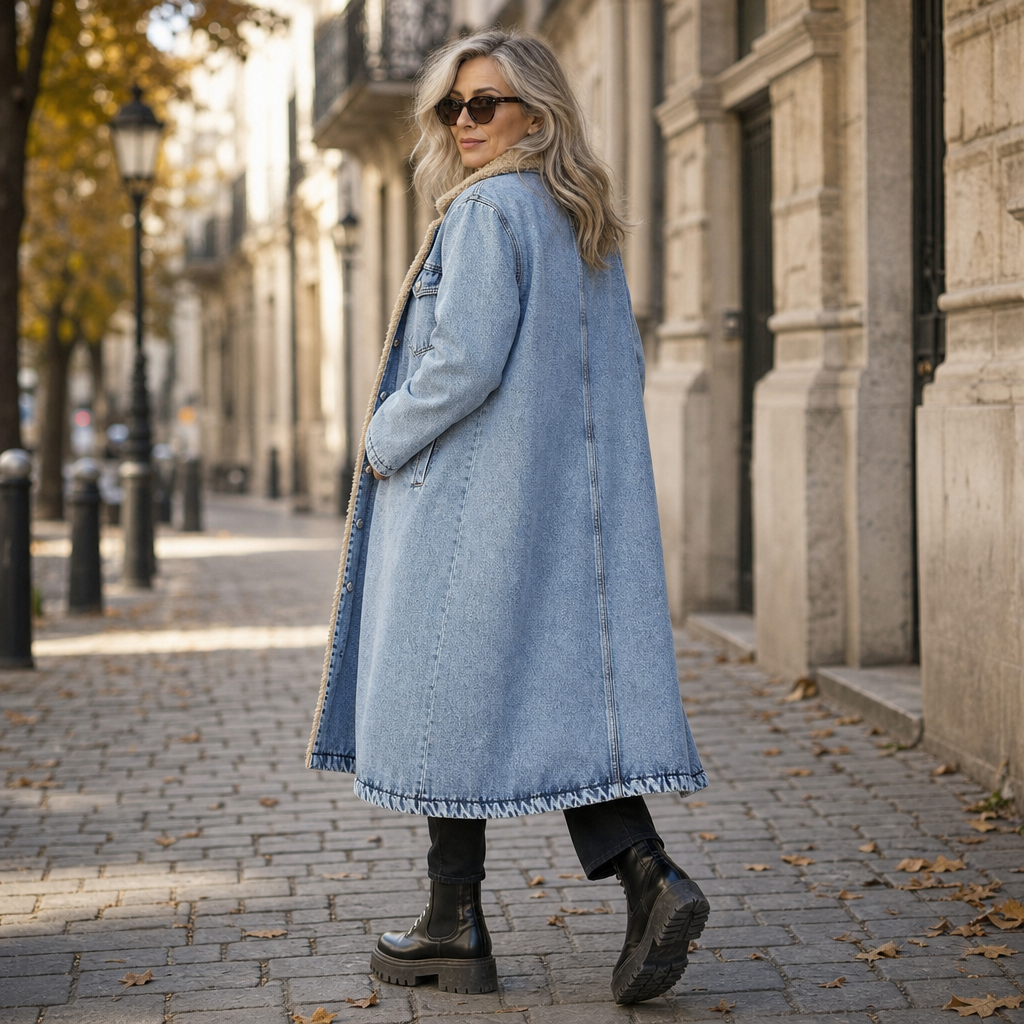 Eleanor | Women's Longline Denim Coat | Sherpa-Lined · Eltrendio