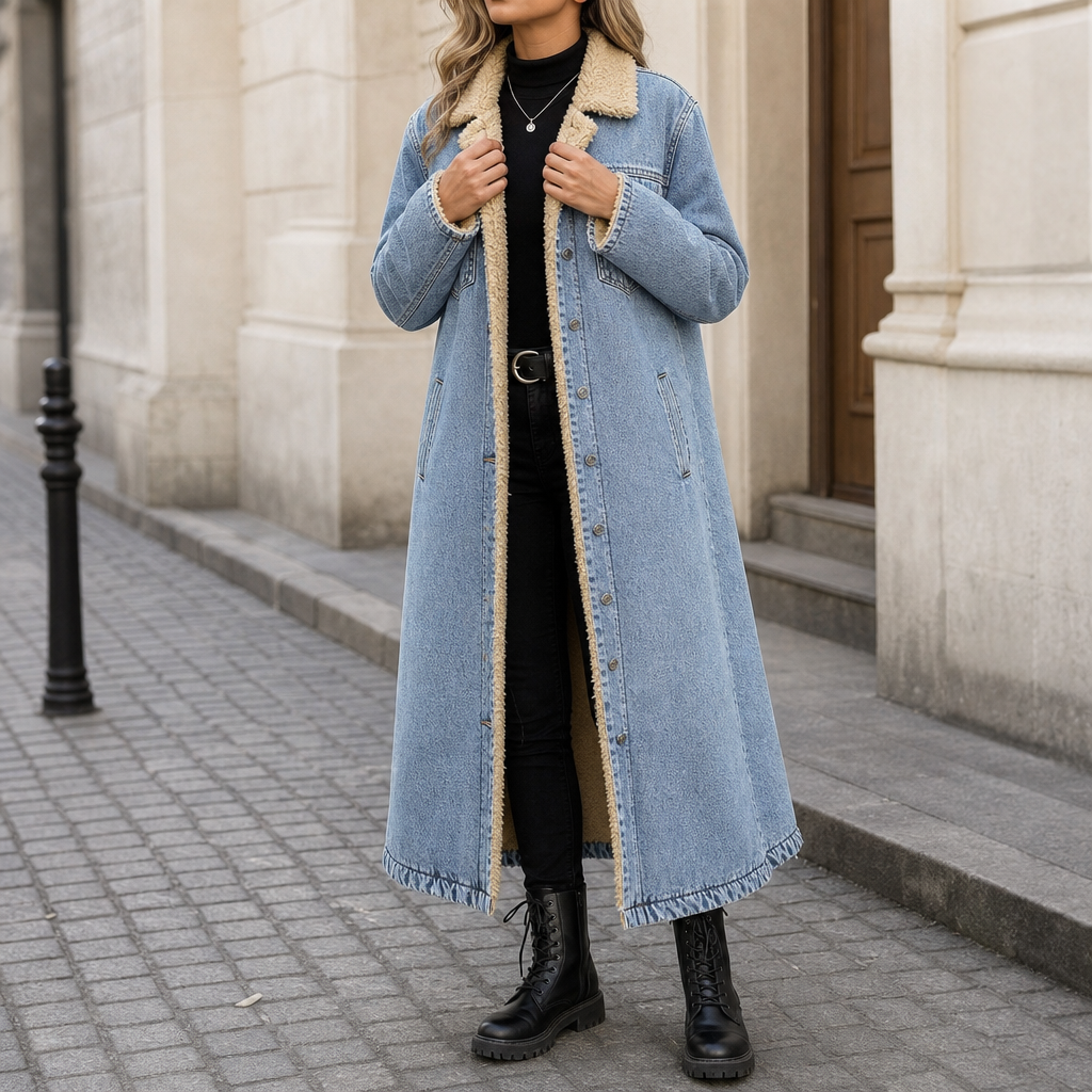 Eleanor | Women's Longline Denim Coat | Sherpa-Lined · Eltrendio