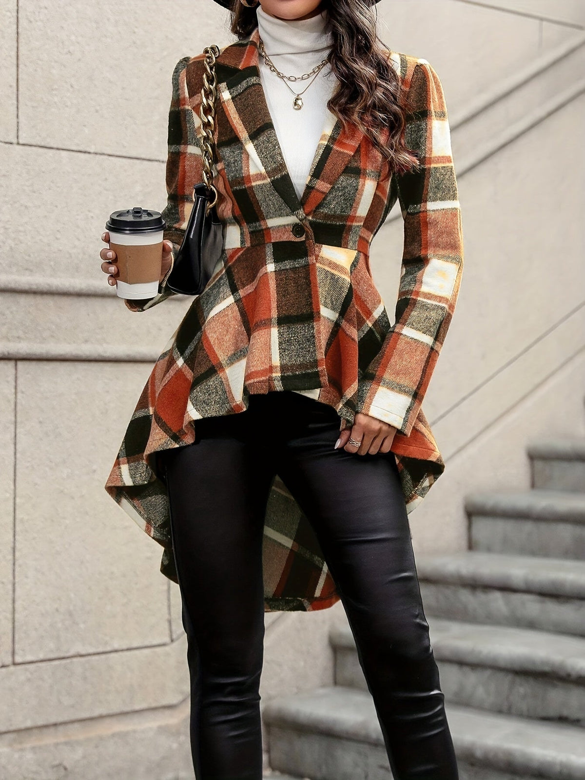 Eleanor | Women's Plaid Open-Front Jacket | Flared Hem · Eltrendio