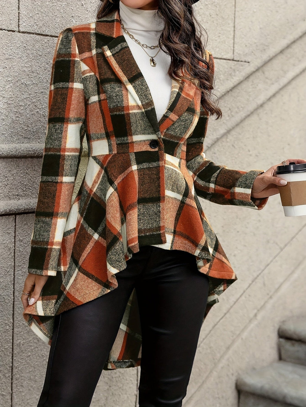 Eleanor | Women's Plaid Open-Front Jacket | Flared Hem · Eltrendio