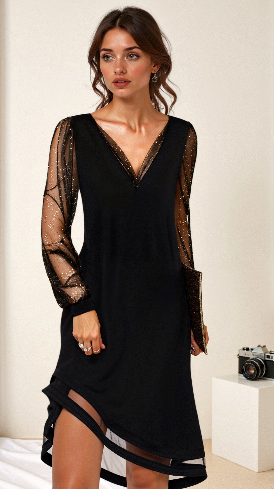 Eleanor | Women's V-Neck Party Dress | Sequin Sleeves · Eltrendio