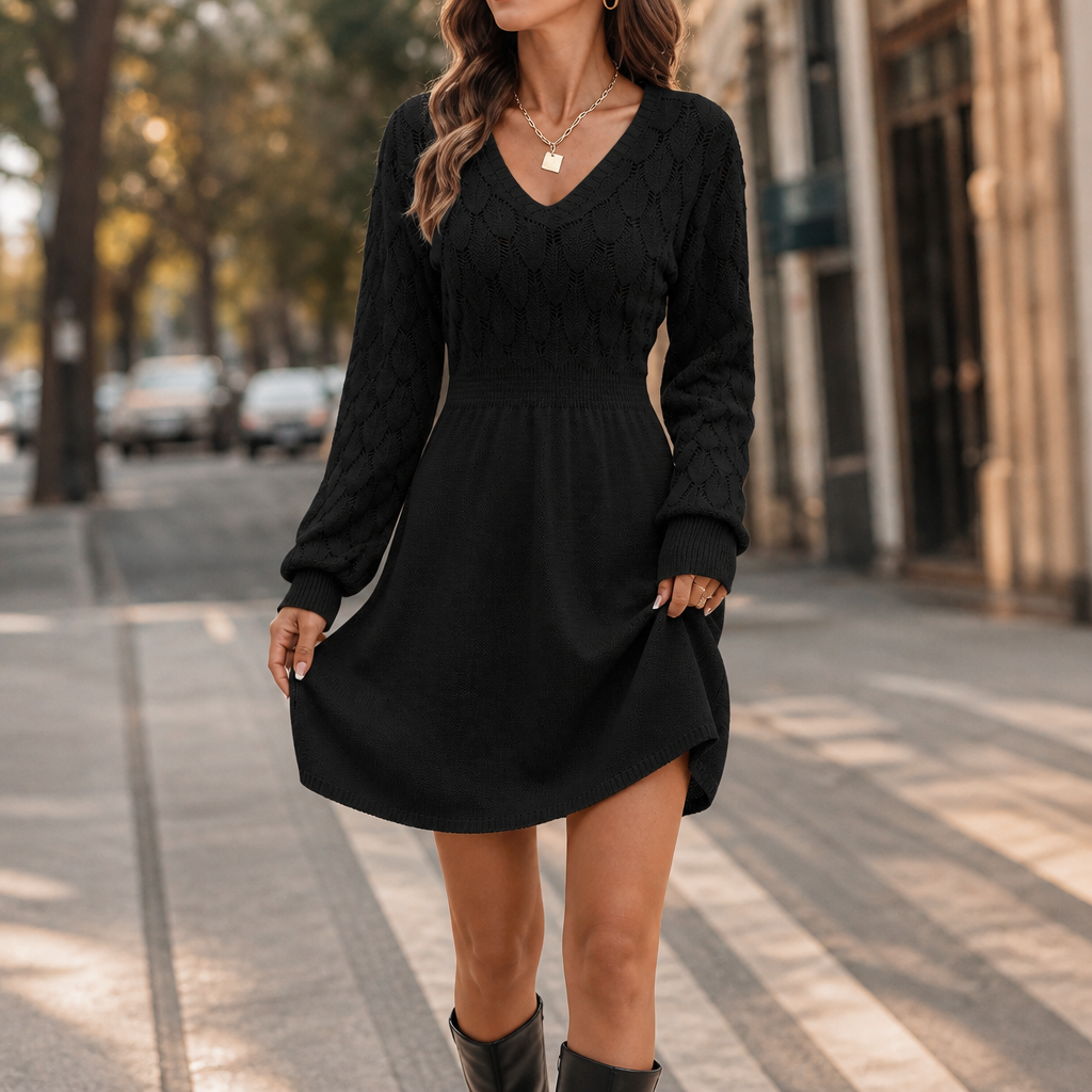Elodie | Women's V-Neck Jumper Dress | Pointelle Knit · Eltrendio