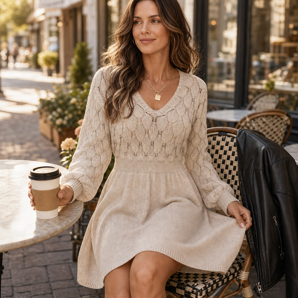 Elodie | Women's V-Neck Jumper Dress | Pointelle Knit · Eltrendio