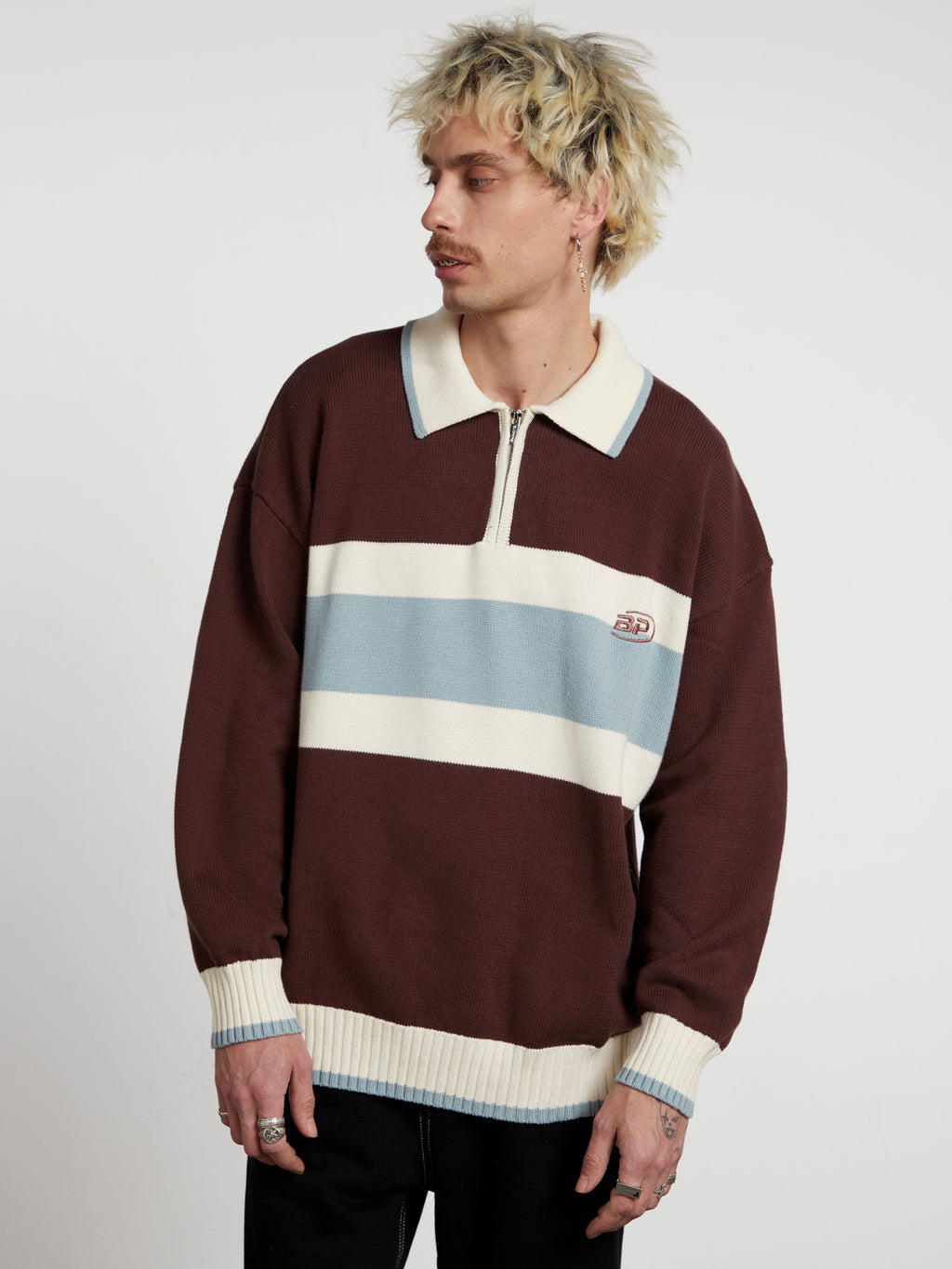 Emmett | Unisex Half Zip Polo Sweater | Oversized Striped Y2K Style-Eltrendio