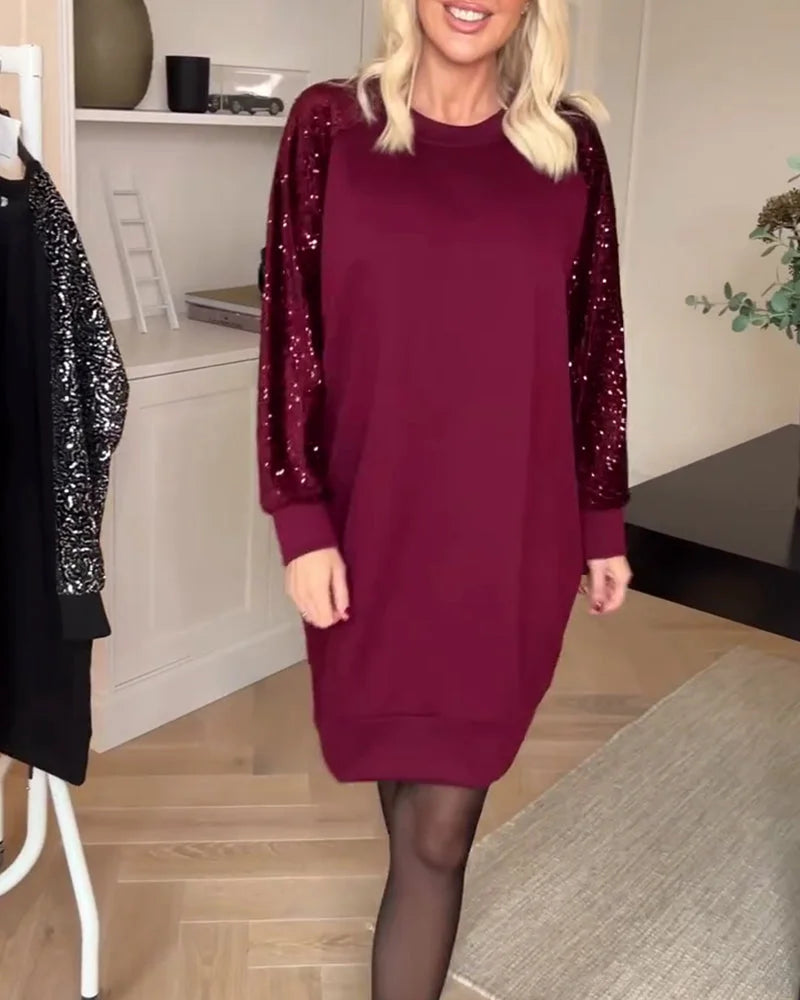 Freya | Women's Crew Neck Sweatshirt Dress | Sequin Sleeves · Eltrendio