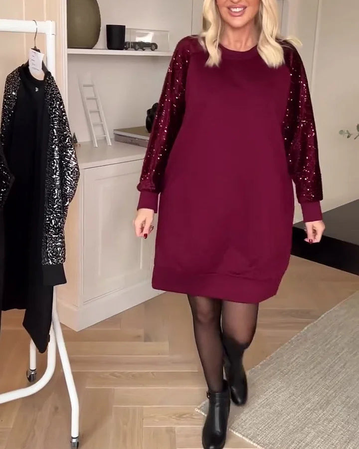 Freya | Women's Crew Neck Sweatshirt Dress | Sequin Sleeves · Eltrendio