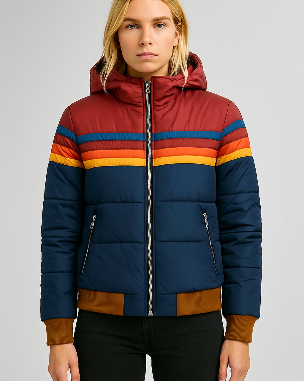 Freya | Women's Hooded Puffer Jacket | Striped · Eltrendio