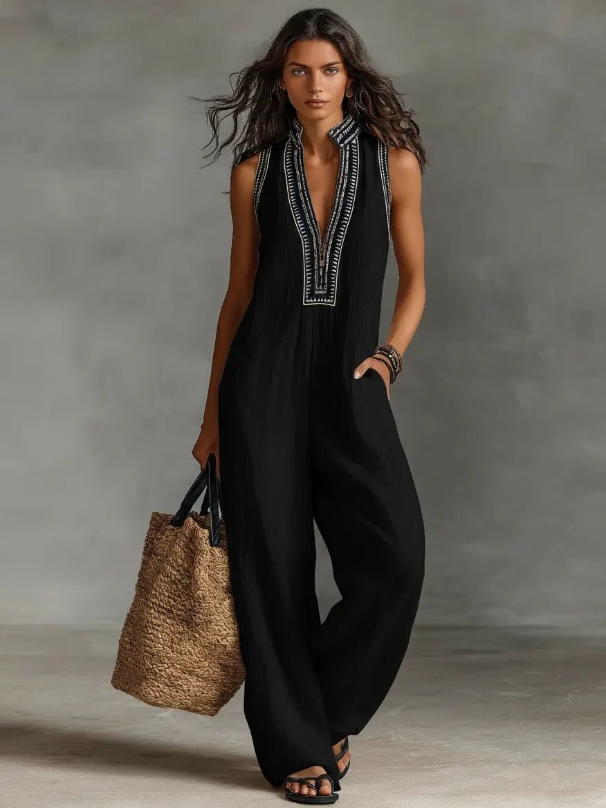 Freya | Women's Sleeveless Jumpsuit | Embroidered Neckline · Eltrendio
