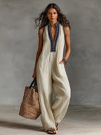 Freya | Women's Sleeveless Jumpsuit | Embroidered Neckline · Eltrendio