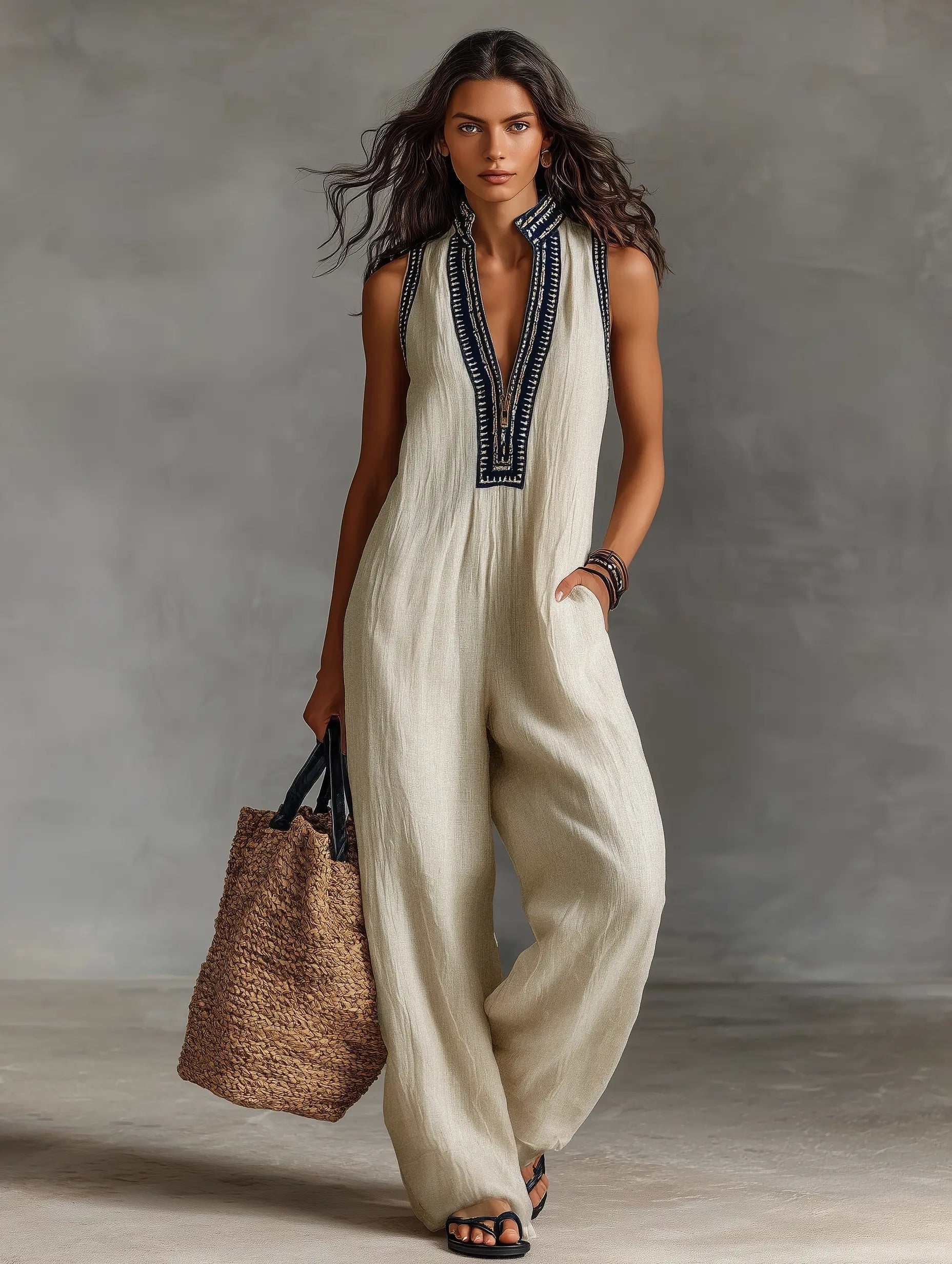 Freya | Women's Sleeveless Jumpsuit | Embroidered Neckline · Eltrendio