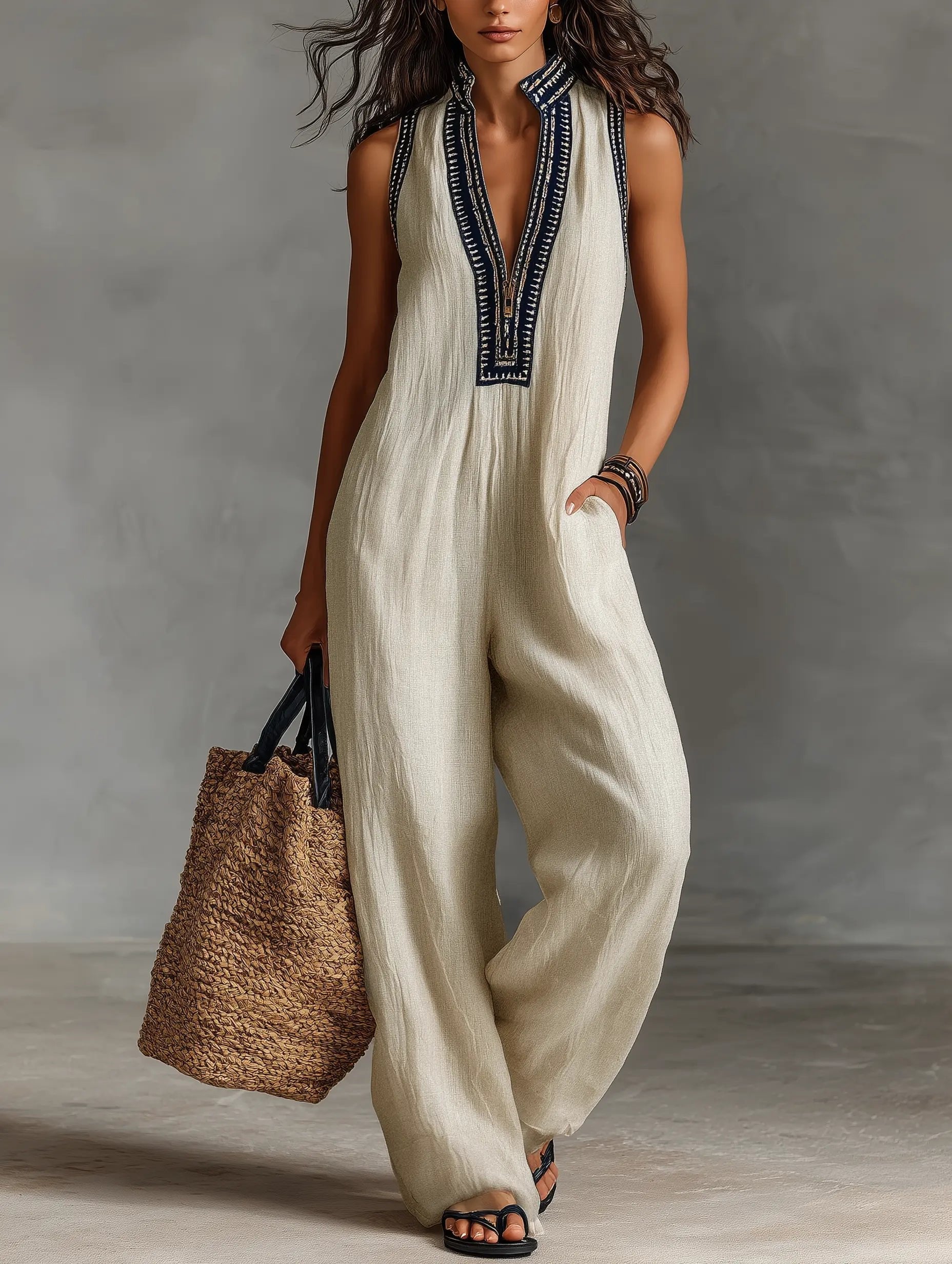 Freya | Women's Sleeveless Jumpsuit | Embroidered Neckline · Eltrendio
