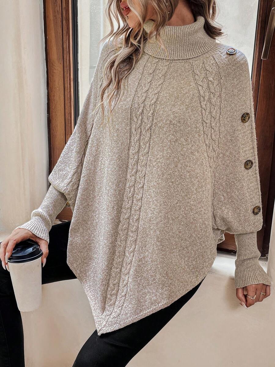 Freya | Women's Turtleneck Poncho Jumper | Cable Knit · Eltrendio